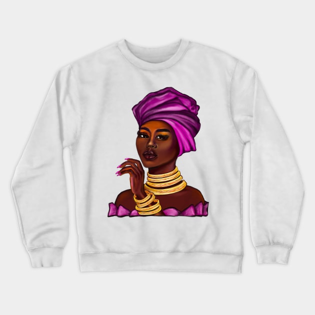 side eye Queen  Black is beautiful black girl with Gold bangles, neck ring necklace, purple dress and head wrap, brown eyes and dark brown skin ! Crewneck Sweatshirt by Artonmytee